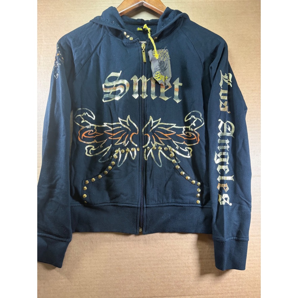 Smet Zip Up Hoodie Womens Medium Black Gold Studded Graphic Christian Audigier